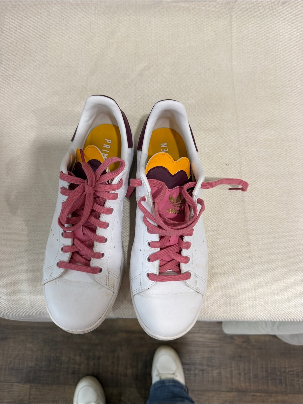 adidas White Leather Sneakers with Pink Laces and Yellow Inner Accent